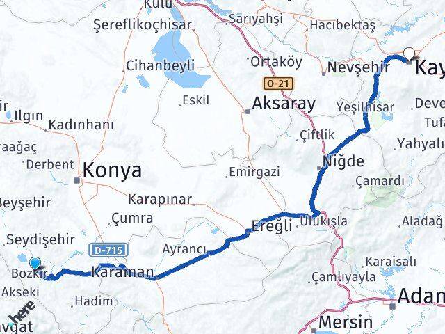 Konya Ahırlı Kayseri Arası Kaç Km - Yol Haritası