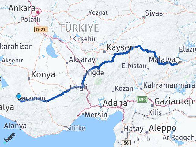 Konya Ahırlı Malatya Arası Kaç Km - Yol Haritası
