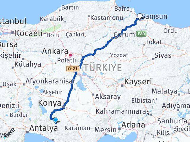 Konya Ahırlı Samsun Arası Kaç Km - Yol Haritası