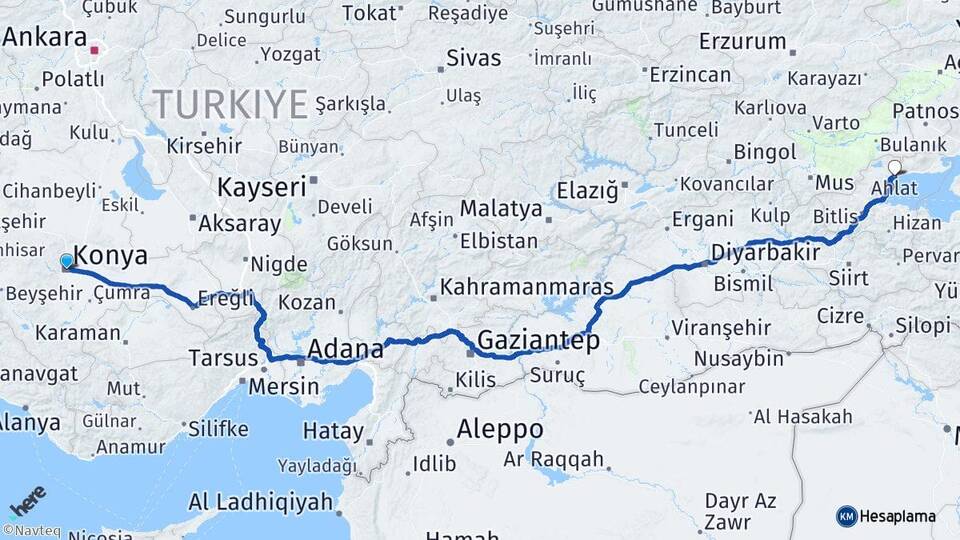 Konya Ahlat Bitlis Arası Kaç Km - Yol Haritası