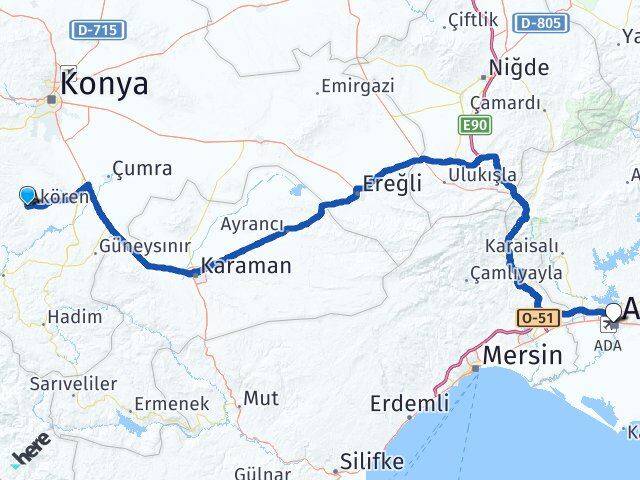 Konya Akören Adana Arası Kaç Km - Yol Haritası