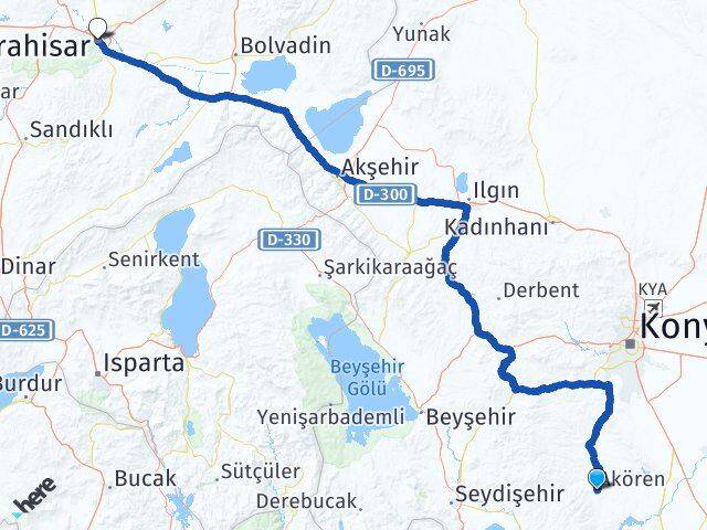 Konya Akören Afyonkarahisar Arası Kaç Km - Yol Haritası