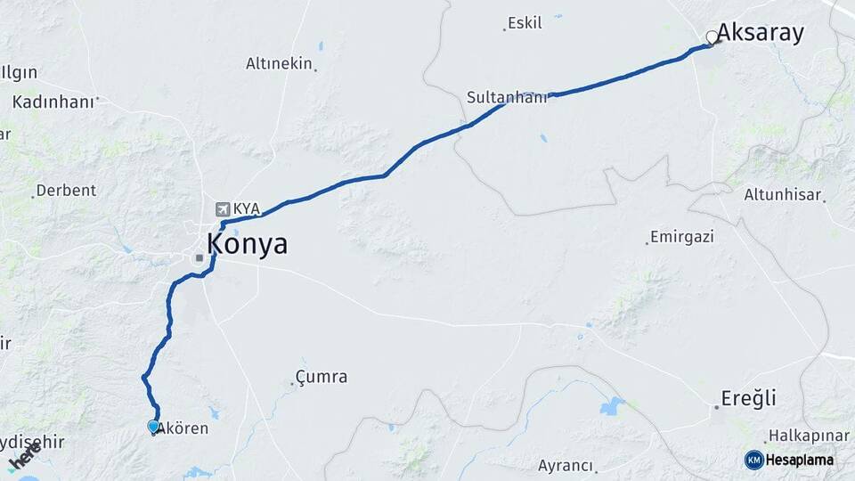 Konya Akören Aksaray Arası Kaç Km - Yol Haritası
