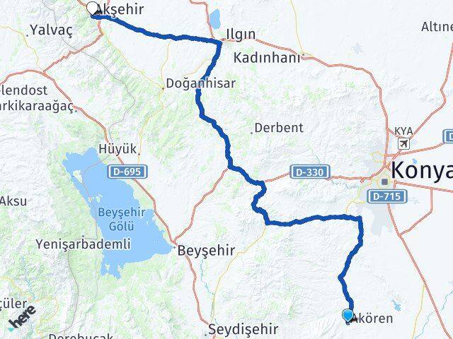 Konya Akören Akşehir Arası Kaç Km - Yol Haritası