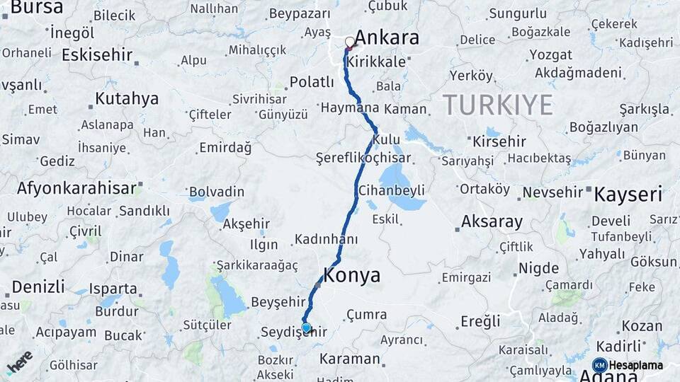 Konya Akören Ankara Arası Kaç Km - Yol Haritası