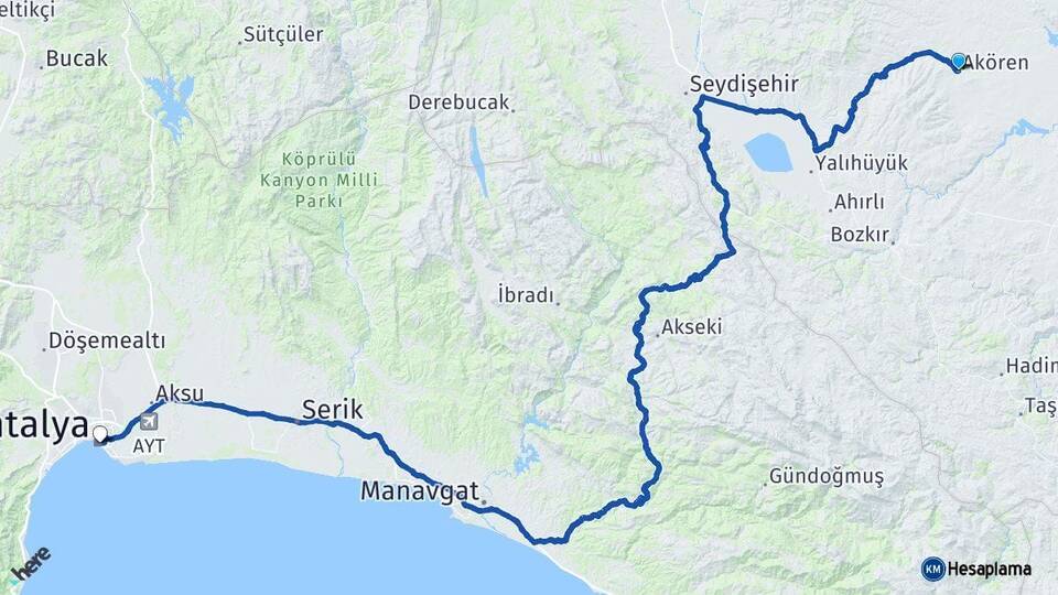 Konya Akören Antalya Arası Kaç Km - Yol Haritası