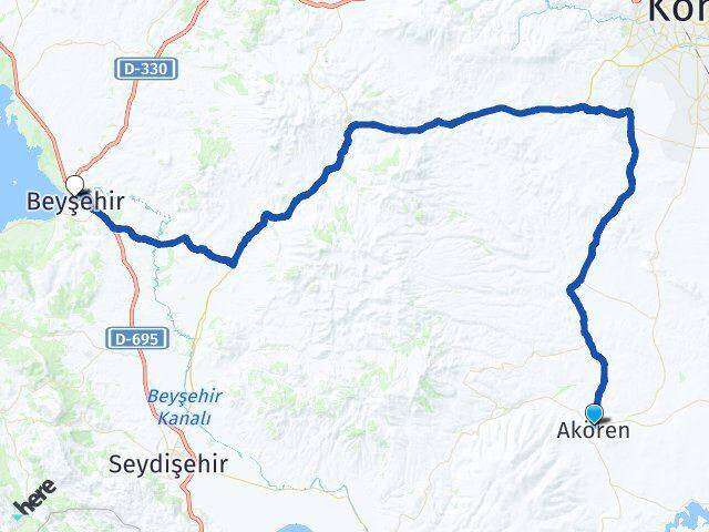 Konya Akören Beyşehir Arası Kaç Km - Yol Haritası
