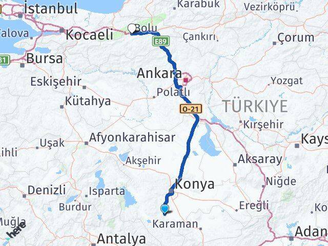 Konya Akören Bolu Arası Kaç Km - Yol Haritası