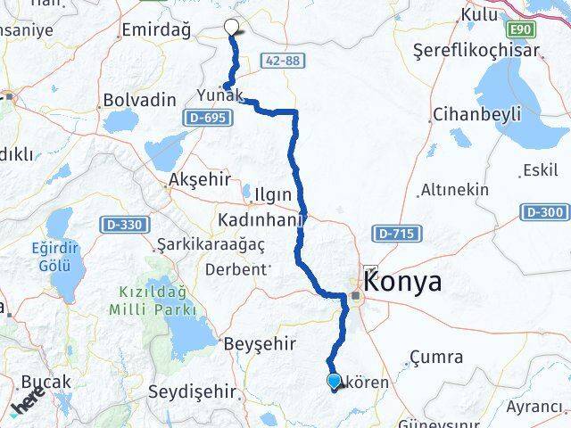 Konya Akören Çeltik Arası Kaç Km - Yol Haritası