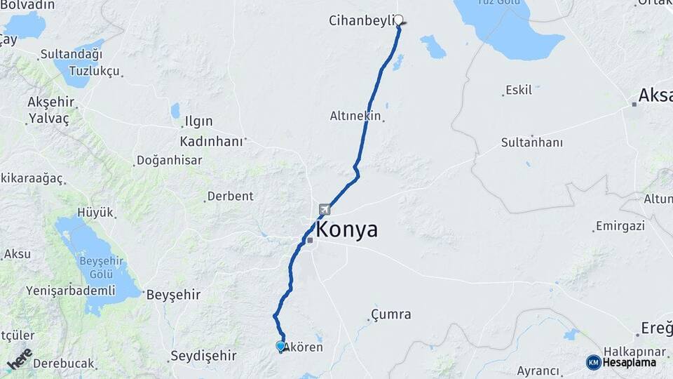 Konya Akören Cihanbeyli Arası Kaç Km - Yol Haritası