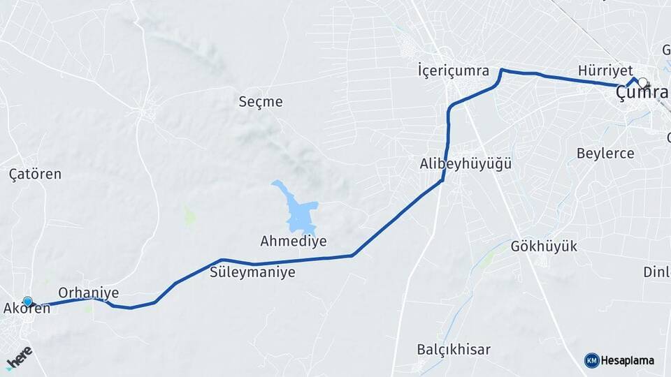 Konya Akören Çumra Arası Kaç Km - Yol Haritası