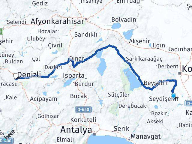 Konya Akören Denizli Arası Kaç Km - Yol Haritası