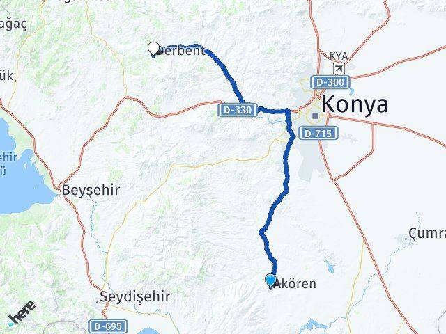 Konya Akören Derbent Arası Kaç Km - Yol Haritası