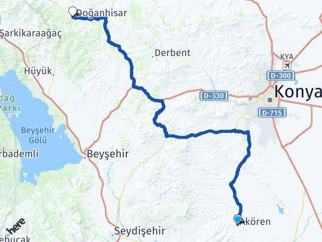 Konya Akören Doğanhisar Arası Kaç Km - Yol Haritası