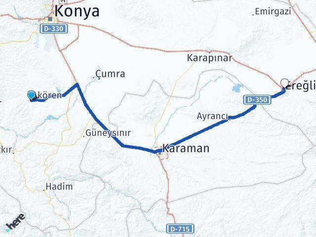 Konya Akören Ereğli Arası Kaç Km - Yol Haritası