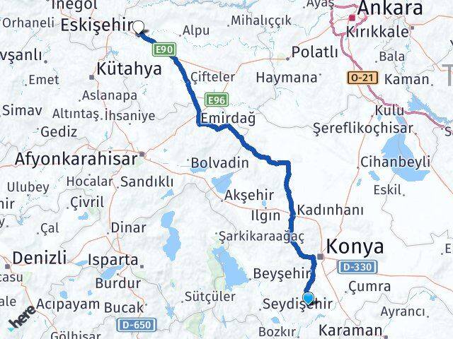 Konya Akören Eskişehir Arası Kaç Km - Yol Haritası