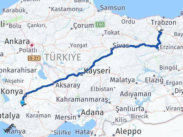 Konya Akören Gümüşhane Arası Kaç Km - Yol Haritası