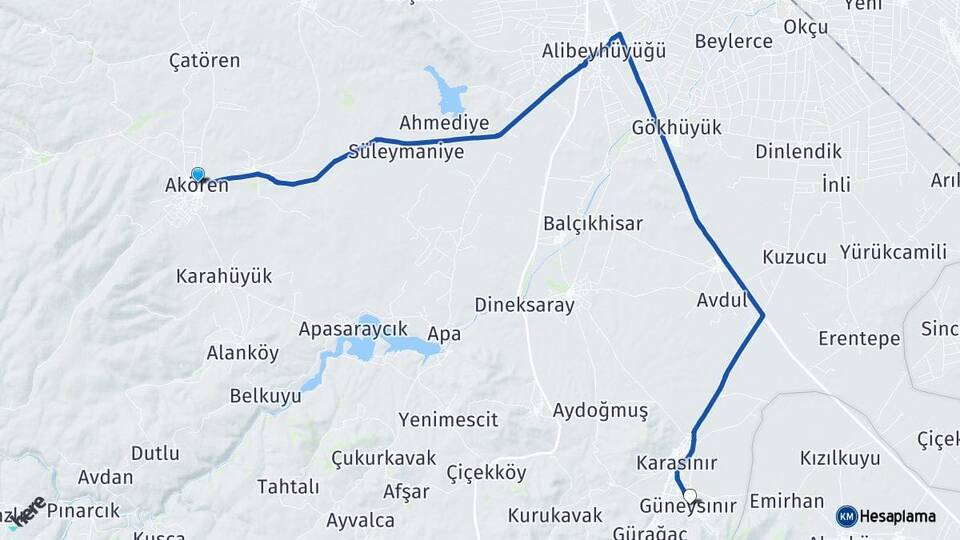Konya Akören Güneysınır Arası Kaç Km - Yol Haritası