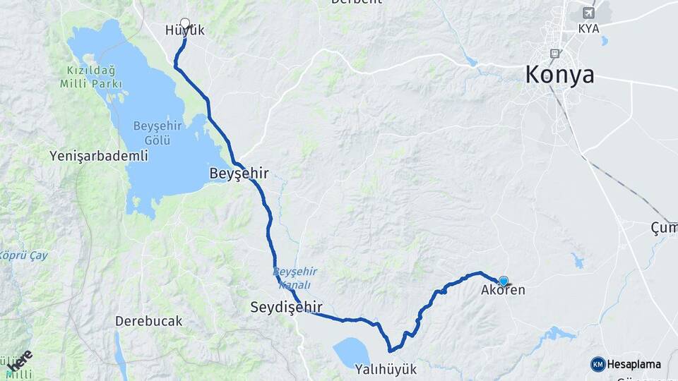 Konya Akören Hüyük Arası Kaç Km - Yol Haritası