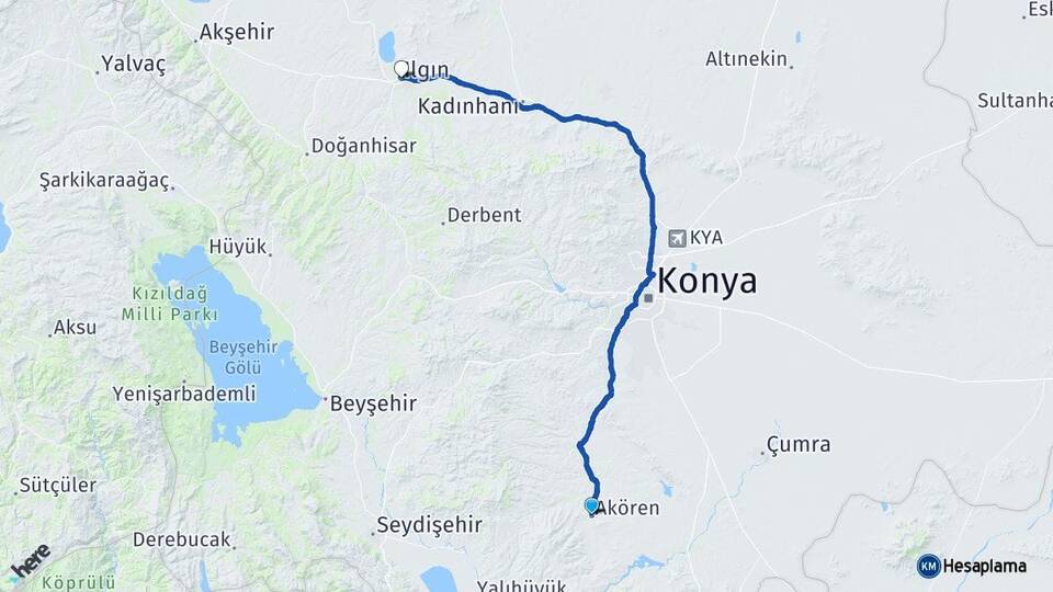 Konya Akören Ilgın Arası Kaç Km - Yol Haritası