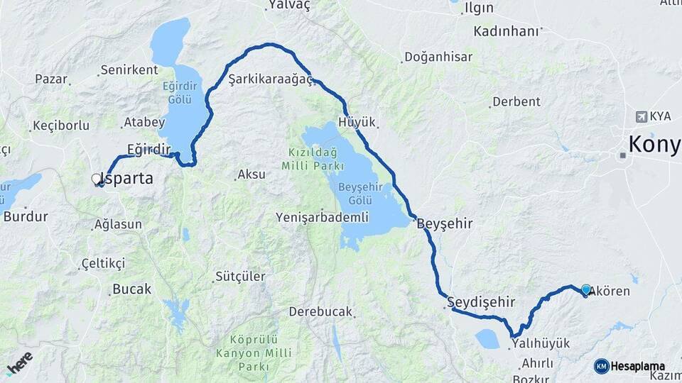 Konya Akören Isparta Arası Kaç Km - Yol Haritası
