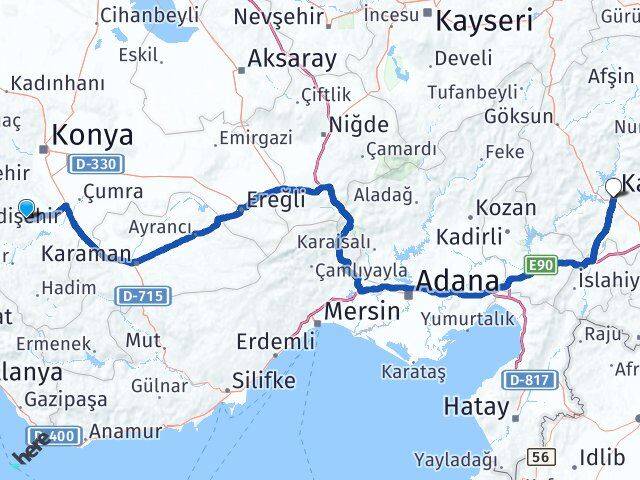 Konya Akören Kahramanmaraş Arası Kaç Km - Yol Haritası