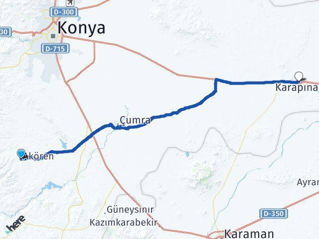 Konya Akören Karapınar Arası Kaç Km - Yol Haritası