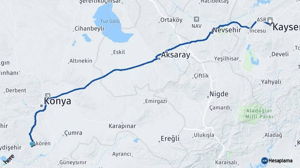 Konya Akören Kayseri Arası Kaç Km - Yol Haritası