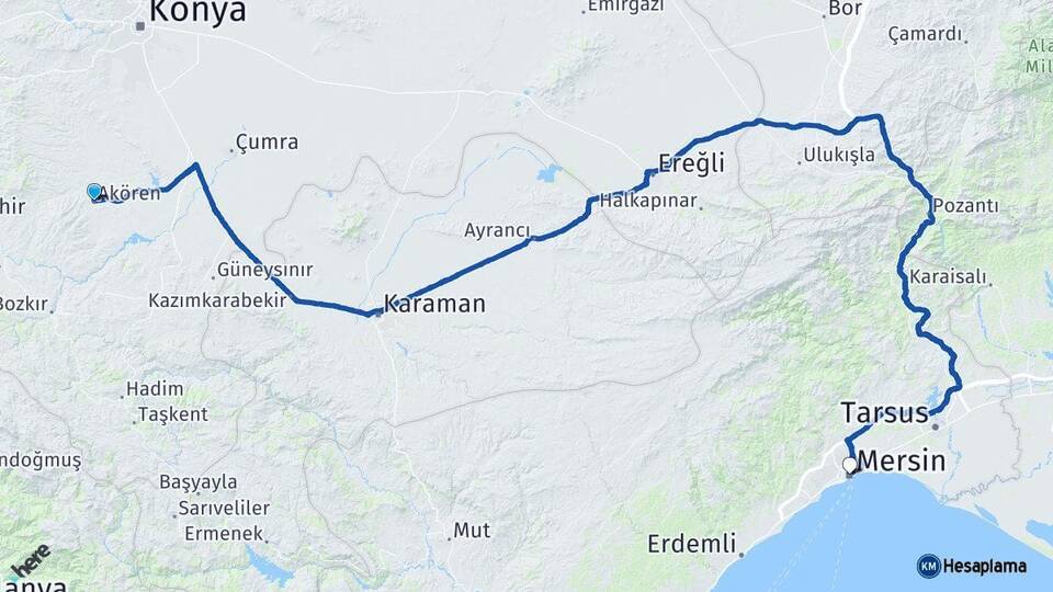 Konya Akören Mersin Arası Kaç Km - Yol Haritası