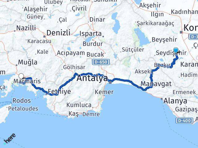 Konya Akören Muğla Arası Kaç Km - Yol Haritası