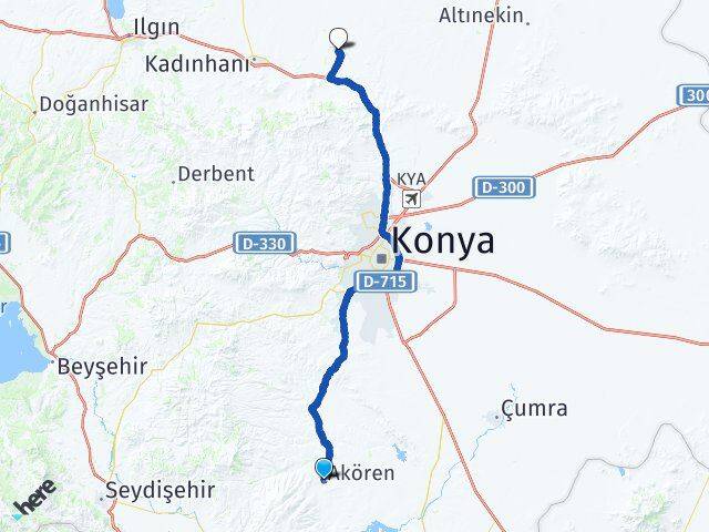 Konya Akören Sarayönü Arası Kaç Km - Yol Haritası