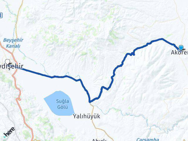 Konya Akören Seydişehir Arası Kaç Km - Yol Haritası