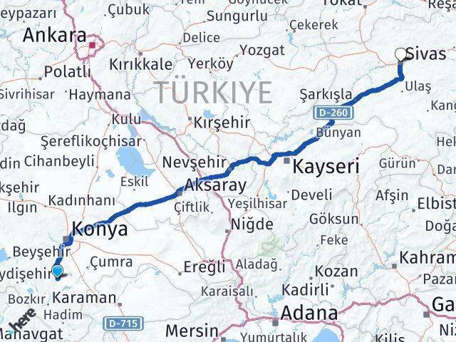 Konya Akören Sivas Arası Kaç Km - Yol Haritası