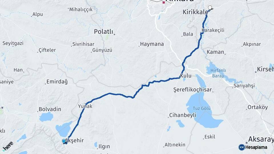 Konya Akşehir Kırıkkale Arası Kaç Km - Yol Haritası