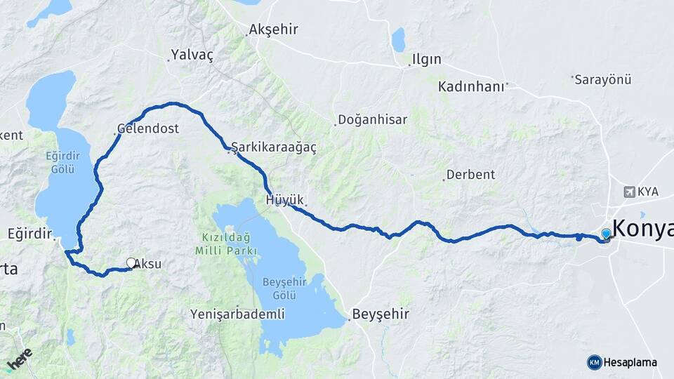 Konya Aksu Isparta Arası Kaç Km - Yol Haritası