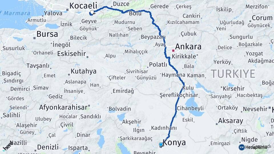 Konya Akyazı Sakarya Arası Kaç Km - Yol Haritası