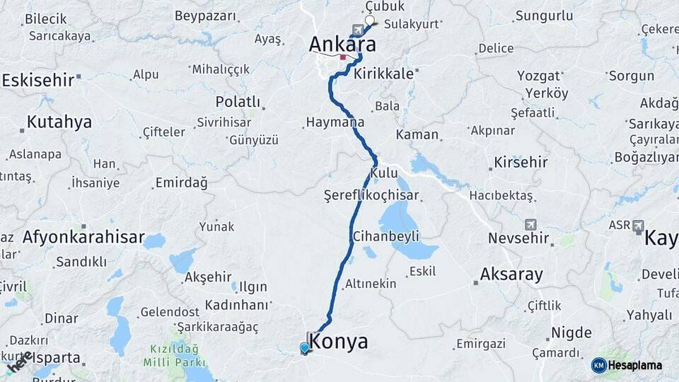 Konya Akyurt Ankara Arası Kaç Km - Yol Haritası