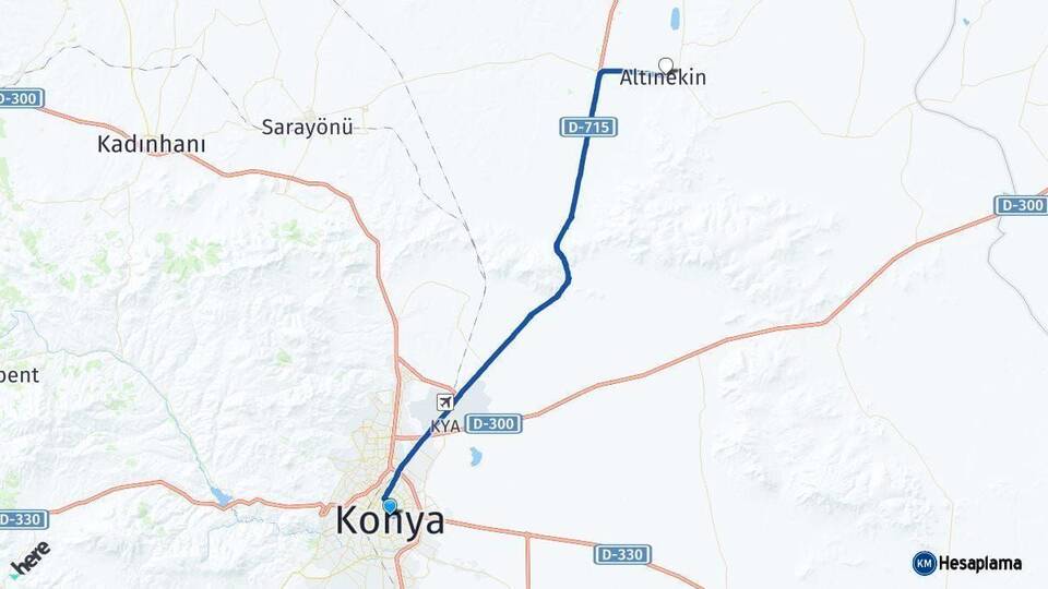 Konya Altınekin Arası Kaç Km - Yol Haritası