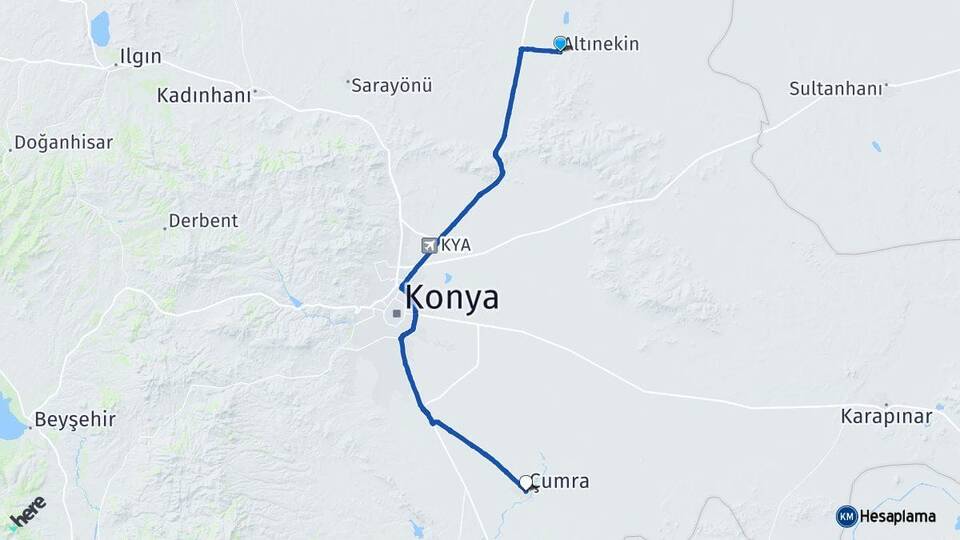 Konya Altınekin Çumra Arası Kaç Km - Yol Haritası