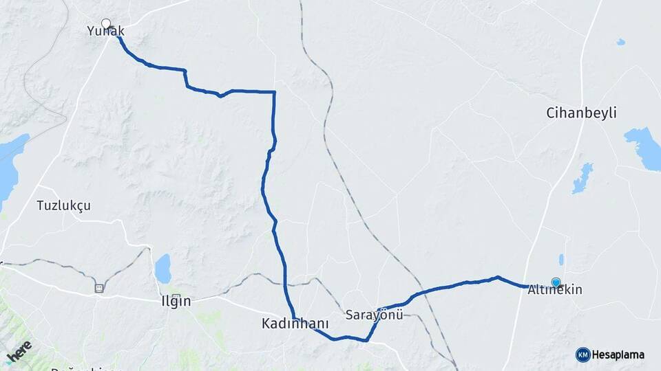 Konya Altınekin Yunak Arası Kaç Km - Yol Haritası