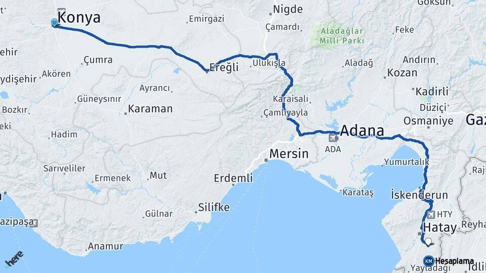 Konya Altınözü Hatay Arası Kaç Km - Yol Haritası