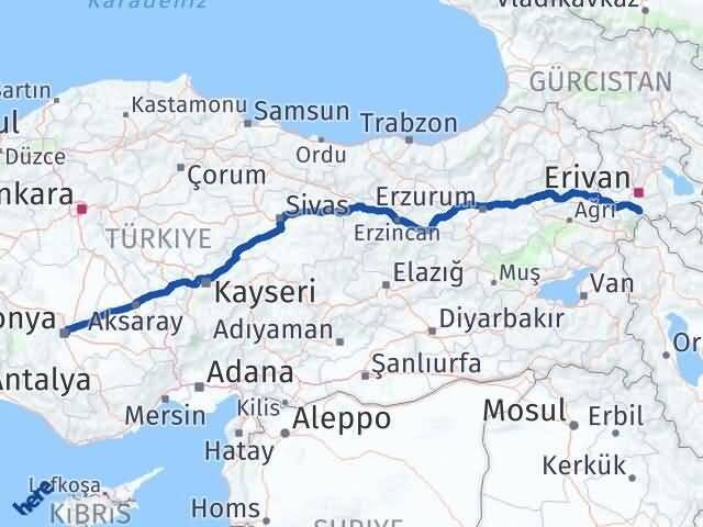Konya Aralık Iğdır Arası Kaç Km - Yol Haritası