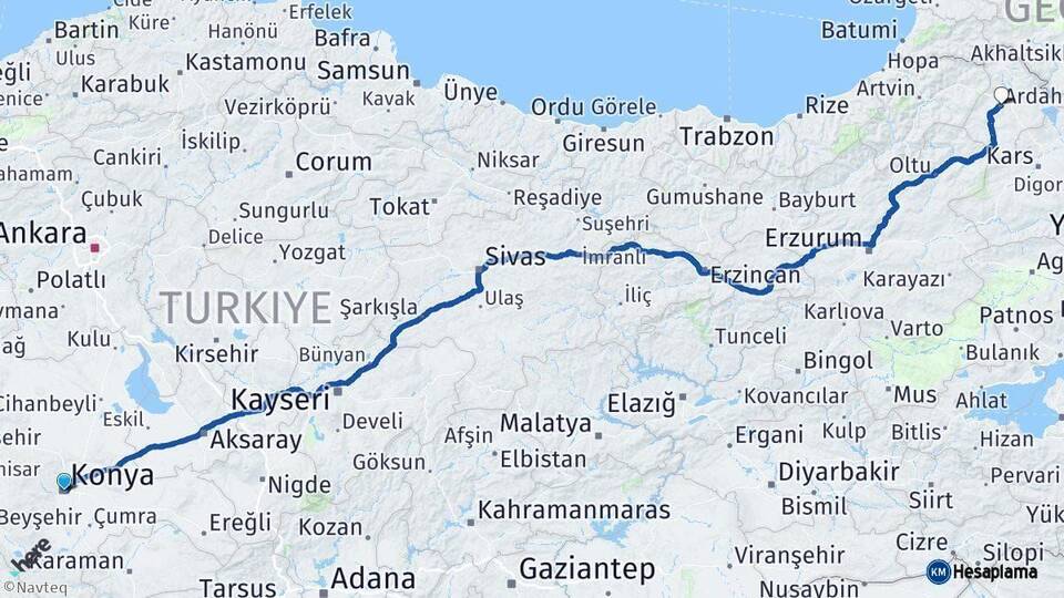 Konya Ardahan Arası Kaç Km - Yol Haritası