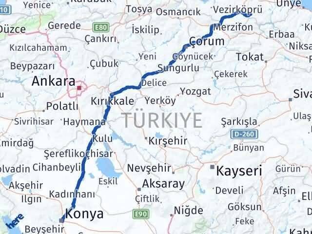 Konya Asarcık Samsun Arası Kaç Km - Yol Haritası