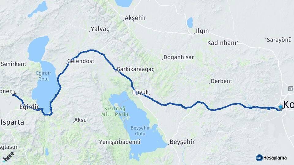 Konya Atabey Isparta Arası Kaç Km - Yol Haritası