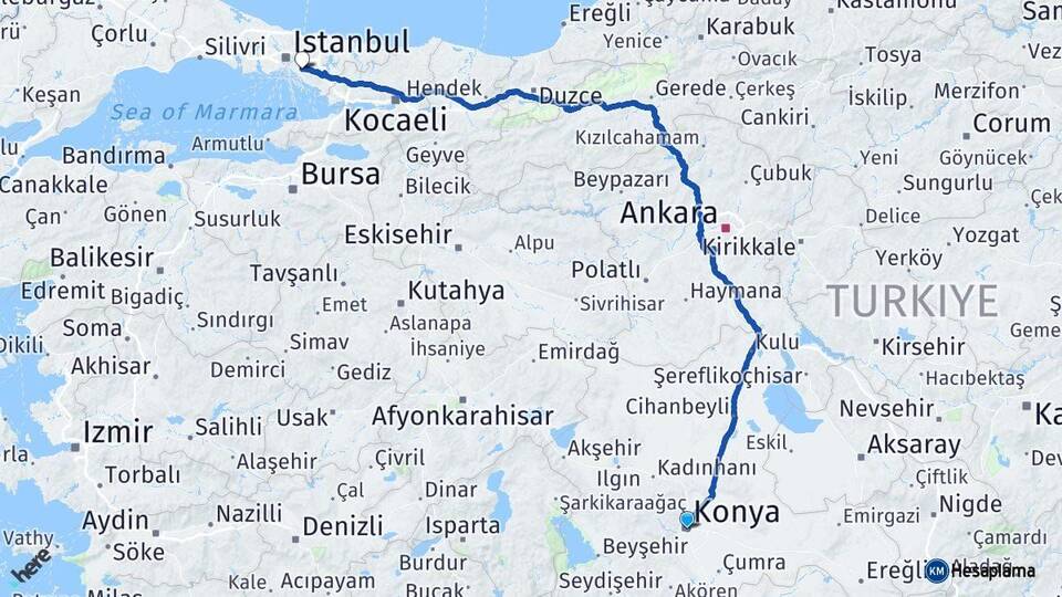 Konya Ataşehir İstanbul Arası Kaç Km - Yol Haritası