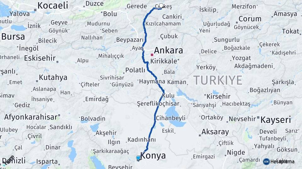 Konya Atkaracalar Çankırı Arası Kaç Km - Yol Haritası