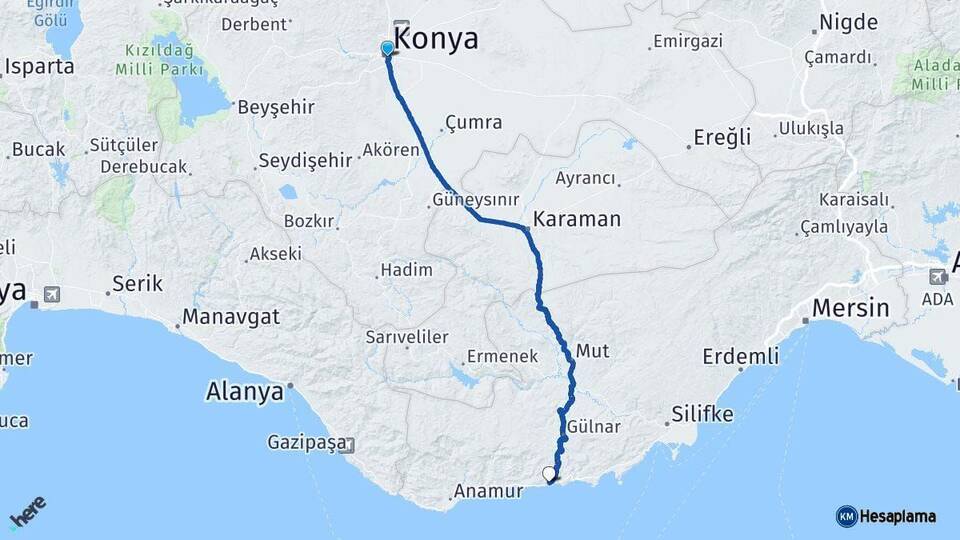Konya Aydıncık Mersin Arası Kaç Km - Yol Haritası