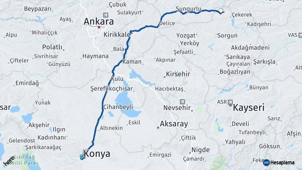 Konya Aydıncık Yozgat Arası Kaç Km - Yol Haritası