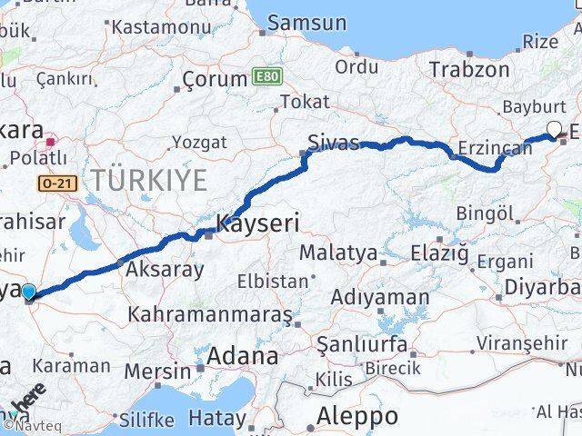 Konya Aziziye Erzurum Arası Kaç Km - Yol Haritası